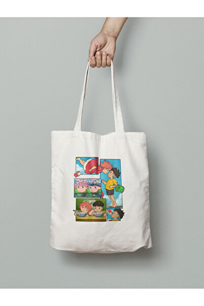 Akumastik Ghibli Küçük Deniz Kızı Ponyo Bez Çanta 35x40cm - Anime Çanta - Tot...