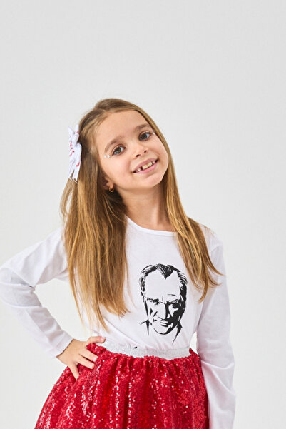 Le Mabelle Beyaz Atatürk Baskılı Uzun Kollu Kız Çocuk Tişört