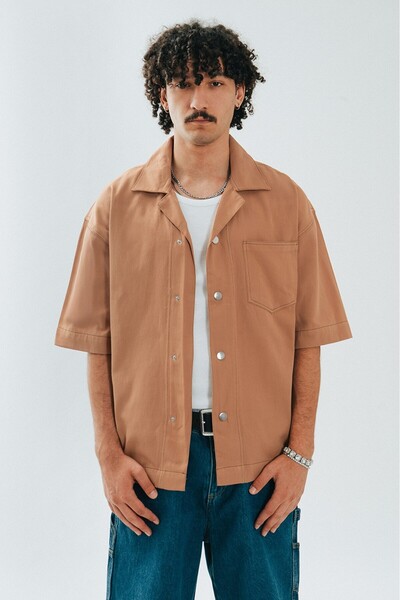 black sample 100% Cotton Reverse Stitching Oversize Beige Men's Shirt