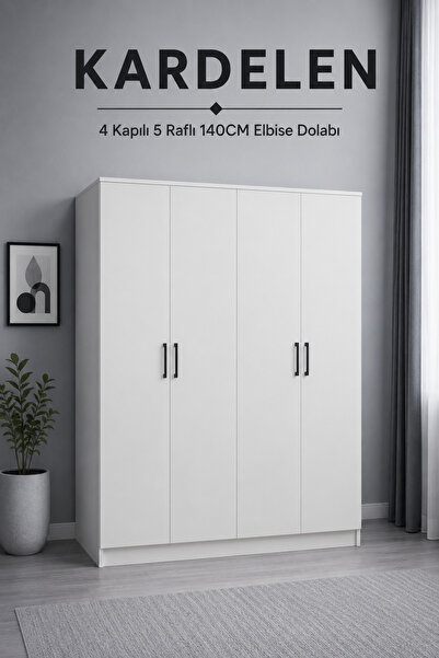 midoser Kardelen Serisi Mat Beyaz 4 Kapaklı 5 Raflı 140 Cm Elbise Dolabı