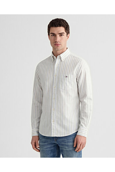 Gant Erkek Beyaz Regular Fit Çizgili Logolu Gömlek