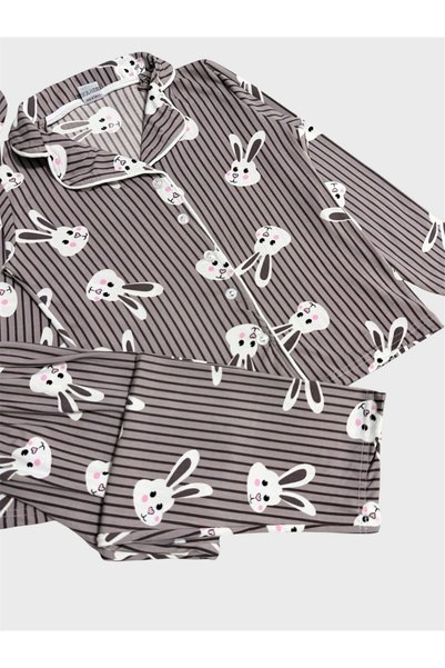 ALİŞ KİDS Cotton Lilac Color Rabbit Patterned Shirt Collar Buttoned Seasonal Pajama Set with Sleep Band Suitable for Girls and Mothers