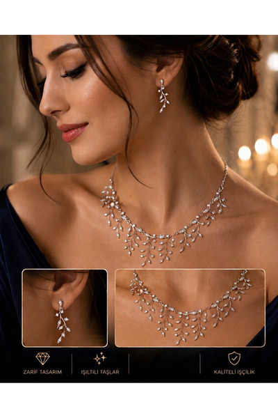 La She Accessories Pırlanta görünümlü Zirkon taş kolye ve küpe Dallı model ta...
