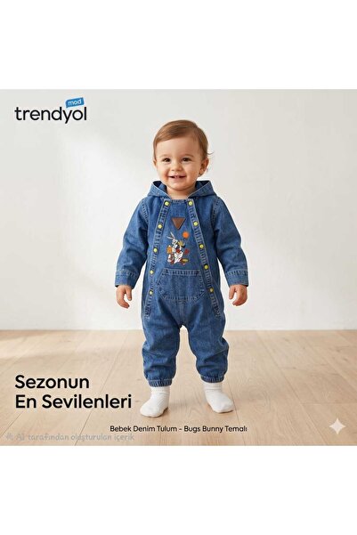 CROCODAYS Unisex Çocuk Bebek Kot (JEANS) Baskılı Kapşonlu Tulum (3/6/9/12/18/...