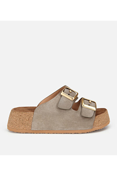 Hotiç Women's Leather Khaki Buckle Detailed Thick Sole Flat Slippers