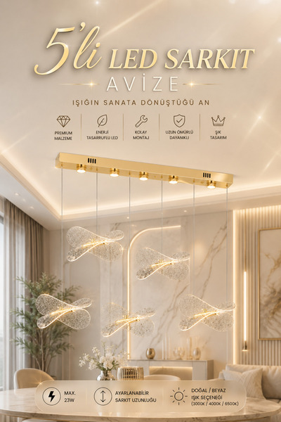 Elvora Home Modern (PREMİUM) LED Sarkıt Avize 5’li Gold Tasarım Dekoratif Sal...
