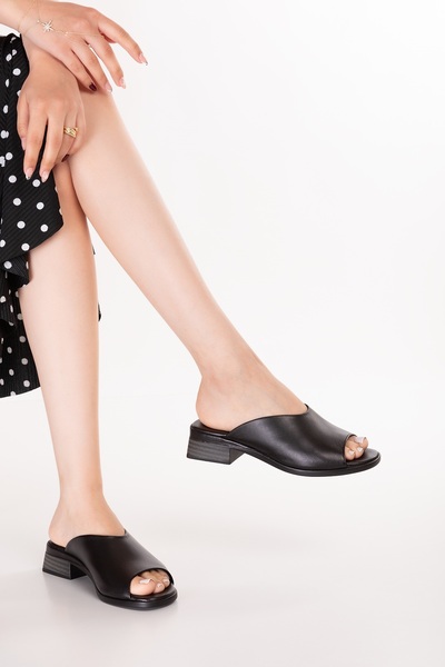 Gondol Women's Genuine Leather Short Heeled Daily Slippers Iz.23107 Black