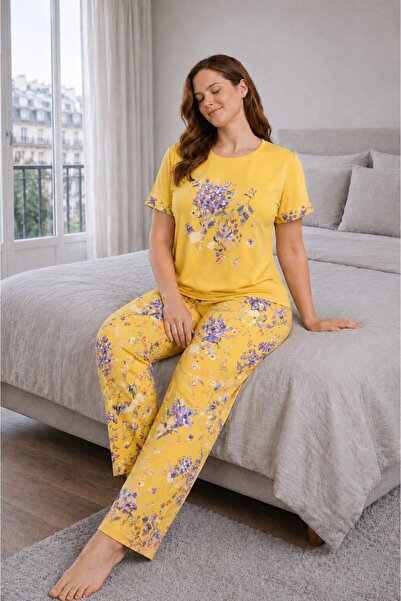 CALERA Büyük Beden Kadın Kısa Kollu Pijama Takımı Sarı, Çiçek Desenli Rahat K...