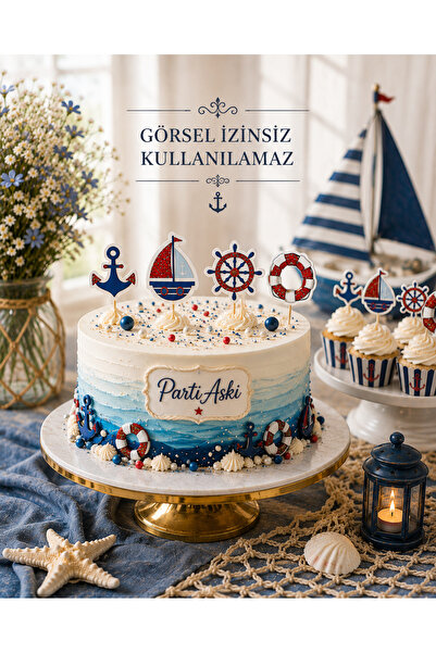 PARTİ AŞKI Deniz Konseptli 8 Adet Delüx Pasta Kürdanı & Cupcake Kürdan Seti 5...