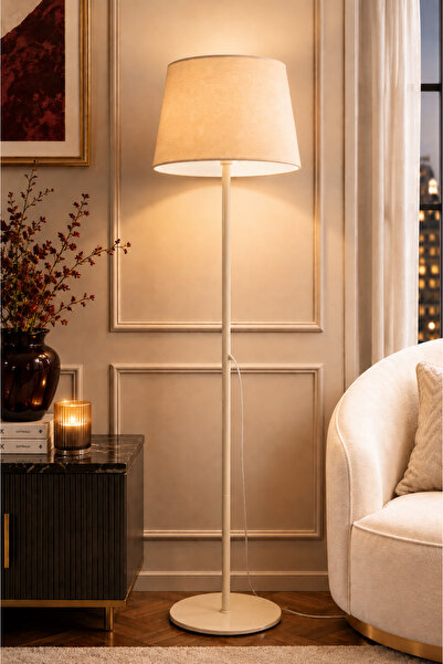Luna Lighting Lucca Model Krem Metal Ayaklı Bohem Lambader 145 cm Kumaş Başlı...
