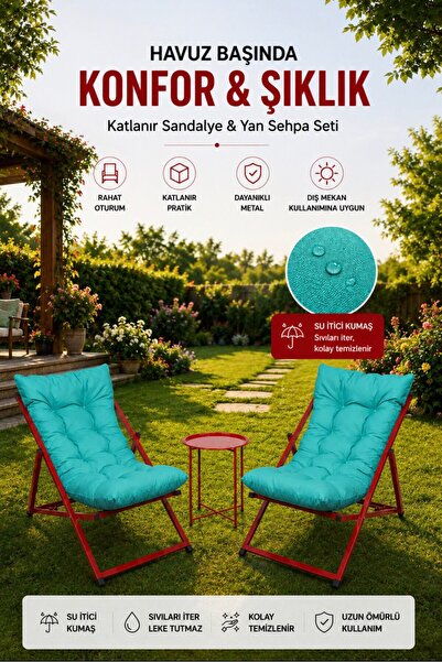 HASTUNÇ VIP Premium Konfor Minderli Katlanır Şezlong Seti - İkili Bahçe Balko...