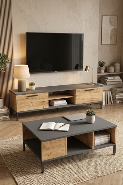 L'occi Concept Joseph Tv Ünitesi Orta Sehpa Metal Ayaklı 2'li Set Çam Jz5-aa
