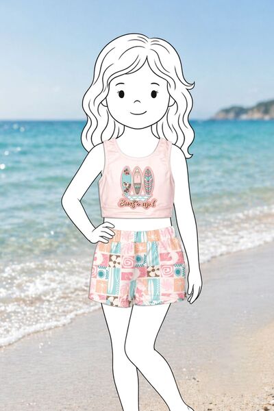ZUZUNGA Surf Baskılı Crop Kız Çocuk Mayo Bikini Takım