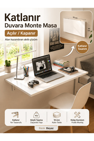 UNİDECO Katlanır Duvar Masası Duvara Monte Mutfak Masası Çalışma Masası Balko...