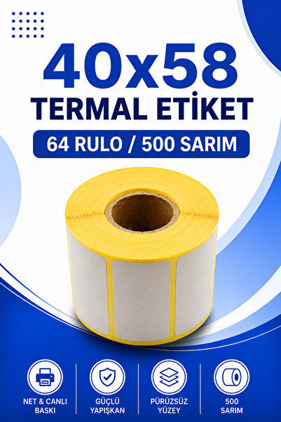 Küresel Etiket Barkod 40x58mm Terazi Etiketi | 64 Rulo | 500 Sarım | Ribonsuz...