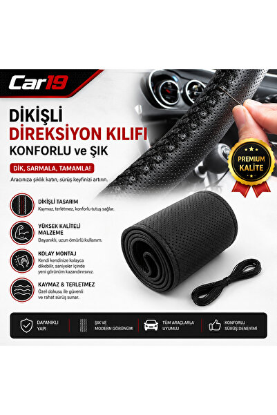 Car19 Dikmeli Deri Direksiyon Kılıfı Noktalı Siyah Dikişli
