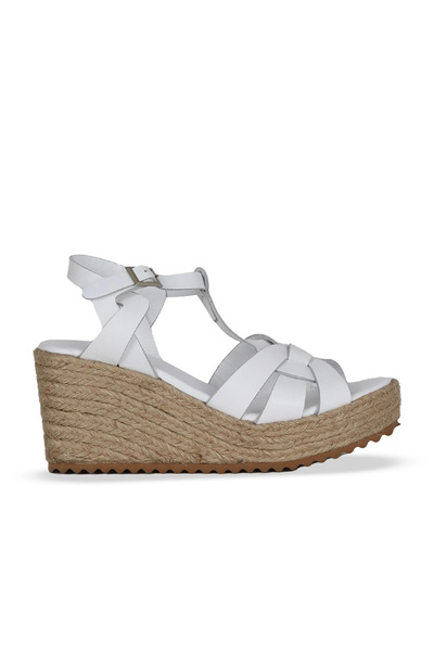Bueno Shoes Sandale cu toc cu pană pentru femei din piele albă 14ws72402