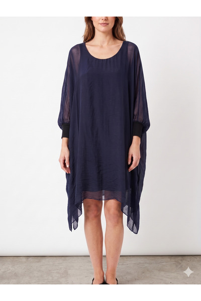 della moor Navy Blue Italian Bat Sleeve Lined Long Silk Tunic Blouse 40 - 46 ...