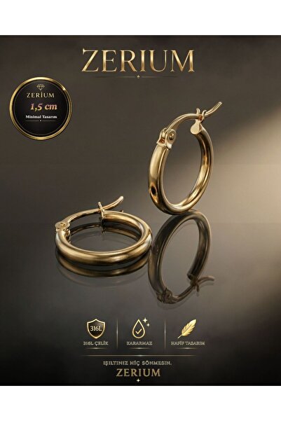 ZERİUM Modern & Şık Gold / Altın Renk Kaplamalı Kadın Halka Küpe 316l Çelik