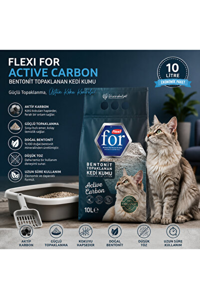 FlexiFor Aktif Karbonlu Bentonit Topaklanan Premium Kedi Kumu 10 L - Tozsuz - Ultra Koku Emici