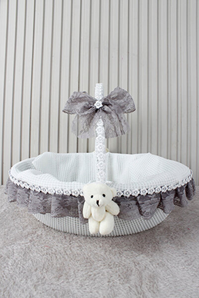 Grey Lace Teddy Bear Baby Basket - Baby Shower, Newborn, Mevlüt, Forty Flies, Gift