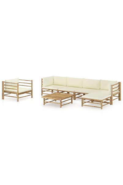 Concept Set mobilier de grădină cu perne alb crem, 7 piese, bambus