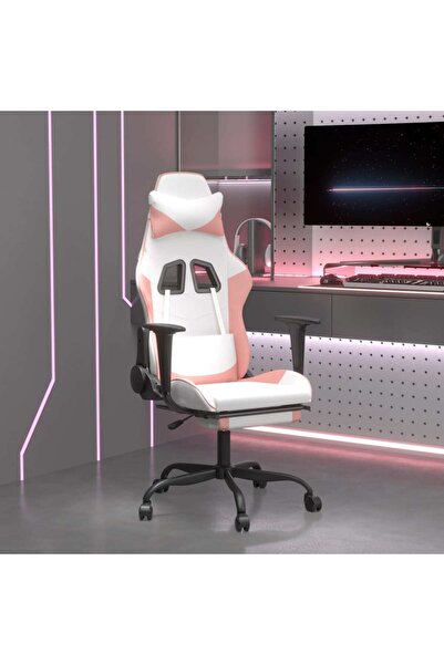 Concept Scaun de gaming cu suport picioare, alb/roz, piele ecologică