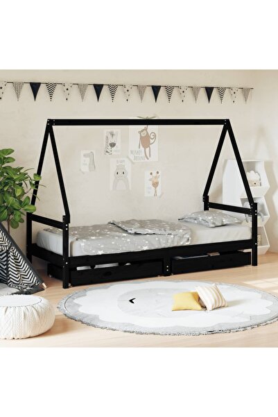 Concept Cadru de pat copii cu sertare, negru, 90x200 cm, lemn masiv pin