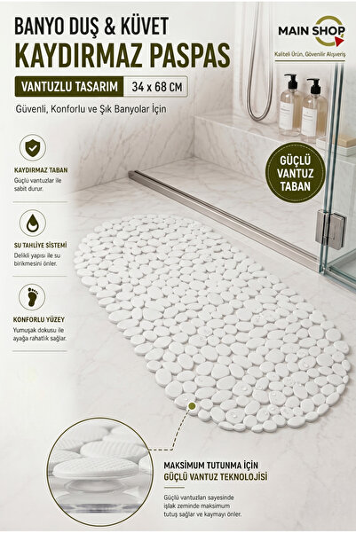 MAİN SHOP Banyo Duş Ve Küvet Kaydırmazı Vantuzlu Paspas 34x68 Cm 1 Adet Beyaz...