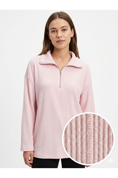 U&ME Yarım Fermuar Dik Yakalı Fitil Dokulu Yumuşak Triko Kadın Sweatshirt Şık ve Rahat Günlük Üst To