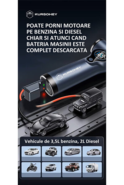 HYDER KURSOHEY ® Aspirator auto multifuncțional fără perii 4 în 1 – Starter auto 1000A + Aspirator 9800Pa + Suflantă + Power Bank, -20°C - +60°C, 8000mAh, Portabil