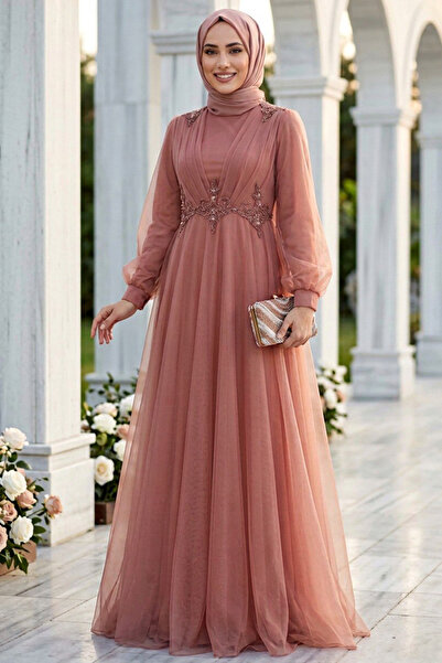 Neva Style Boncuk Detaylı Kiremit Tesettür Abiye Elbise 22571KRMT