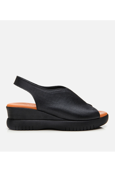 Hotiç Women's Leather Black Wedge Heeled Sandals