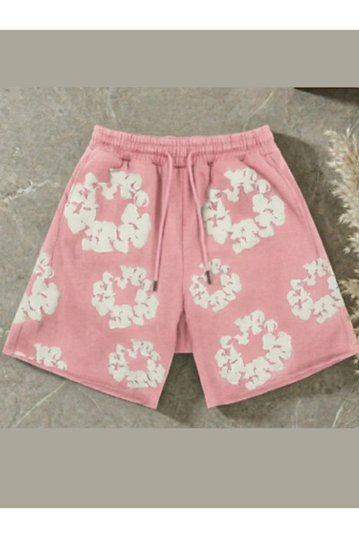m.baba Oversize PEMBE Şort - 3D Puff Kabarık Çiçek Baskılı Pamuklu Şort
