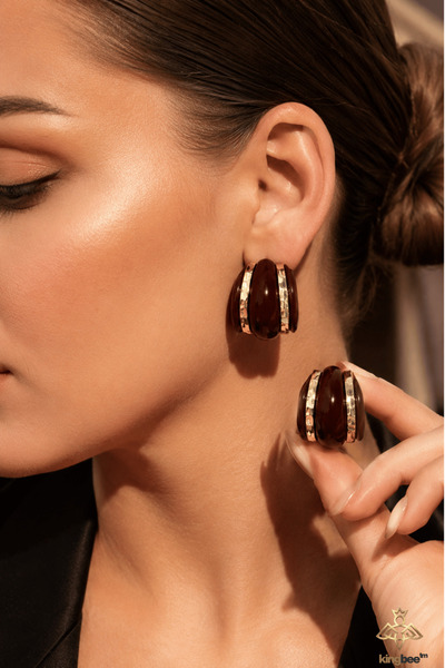 King Bee Moderna Seri Women's Brown Retro Resin Earrings - Vintage Hoop Earri...
