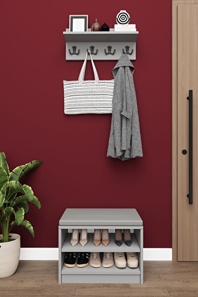 asratrend Lüks Puflu Ayakkabılık ve Askılık %100 MDF 2 Raflı Portmanto Seti A33
