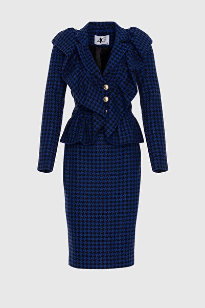 Houndstooth Pattern Navy Blue Skirt Set