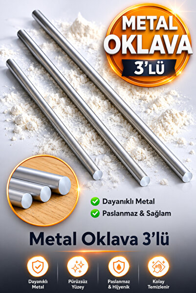 Badem10 3'lü Masterchef Alüminyum Paslanmaz (99-74-49 CM) Metal Oklava Seti H...
