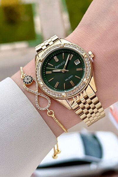 Ferrucci Dial Green Strap Gold Color 34 mm Women's Wristwatch