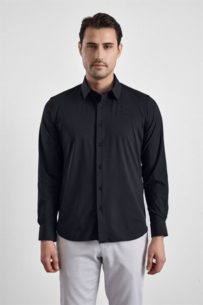 SÜVARİ Siyah Slim Klasik Yaka Düz Casual Gömlek