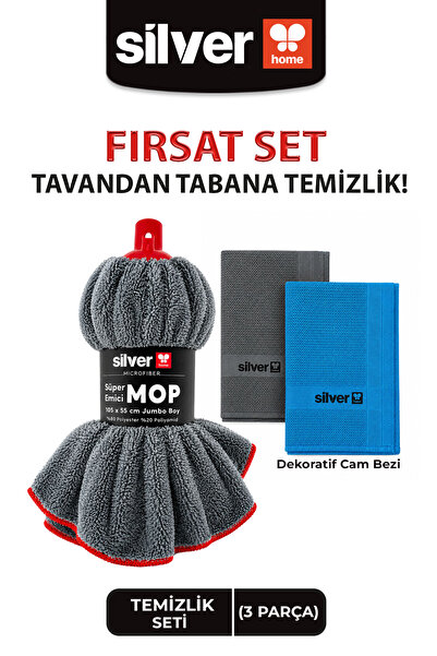 SİLVER HOME Ekstra Kalın Büyük Jumbo Mop Ucu 265 GSM + 2 Adet Cam Bezi Temizl...