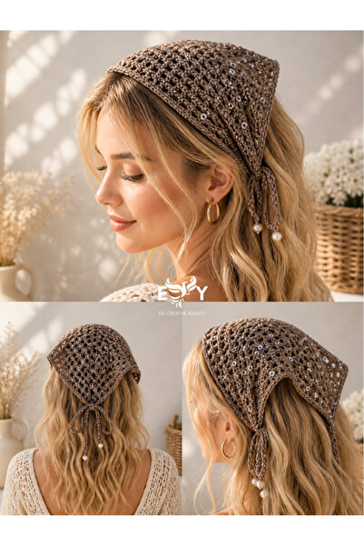 ESYCREATİVE ESY Bohem Örme Saç Bandası, Fular, Kahverengi Pullu Bandana