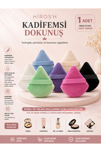 HİROS'H 1 Adet Üçgen Pudra Fondöten Bb Krem Uygulama Süngeri Yıkanabilir Maky...