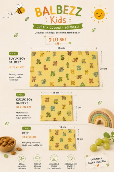 TODO HOME Balbezz Kids Natural Beeswax Storage Cloth Set of 3 – Children's Nutrition Set – Reusable Cloth Pouch and Food Storage Cloth