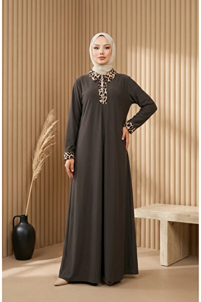 sefamerve Leopar Desenli Elbise 0119-02 Antrasit