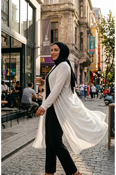sefamerve Cardigan lung de sezon drapat de mărime mare 8740-03 alb murdar