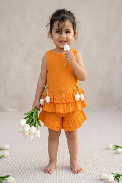 Kidmark Çocuk Modası طقم موسلين مزين بزهرة التوليب للفتيات