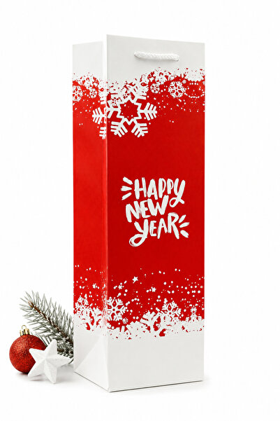 repro design Şişe Boy Kırmızı Karton Çanta 12x38x8 cm | Happy New Year Baskıl...