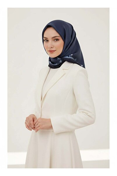 Vissona %100 Twill İpek Kenar Motifi Çiçek Desenli İndigo - Lacivert Renkli 9...