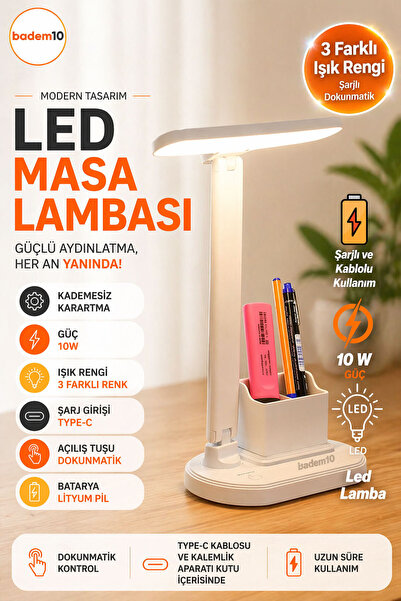 Badem10 Şarjlı Dokunmatik 3 Renk Kademeli Işık Ledli Masa Üstü Lambası 10w Ço...